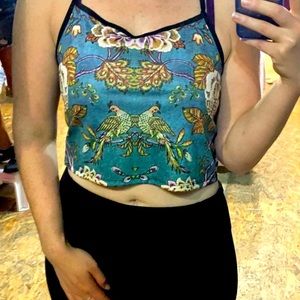Y2K KOREAN VINTAGE “Hallway” Tank Top Cropped Thin Cami Straps S/M Blue/Flowers